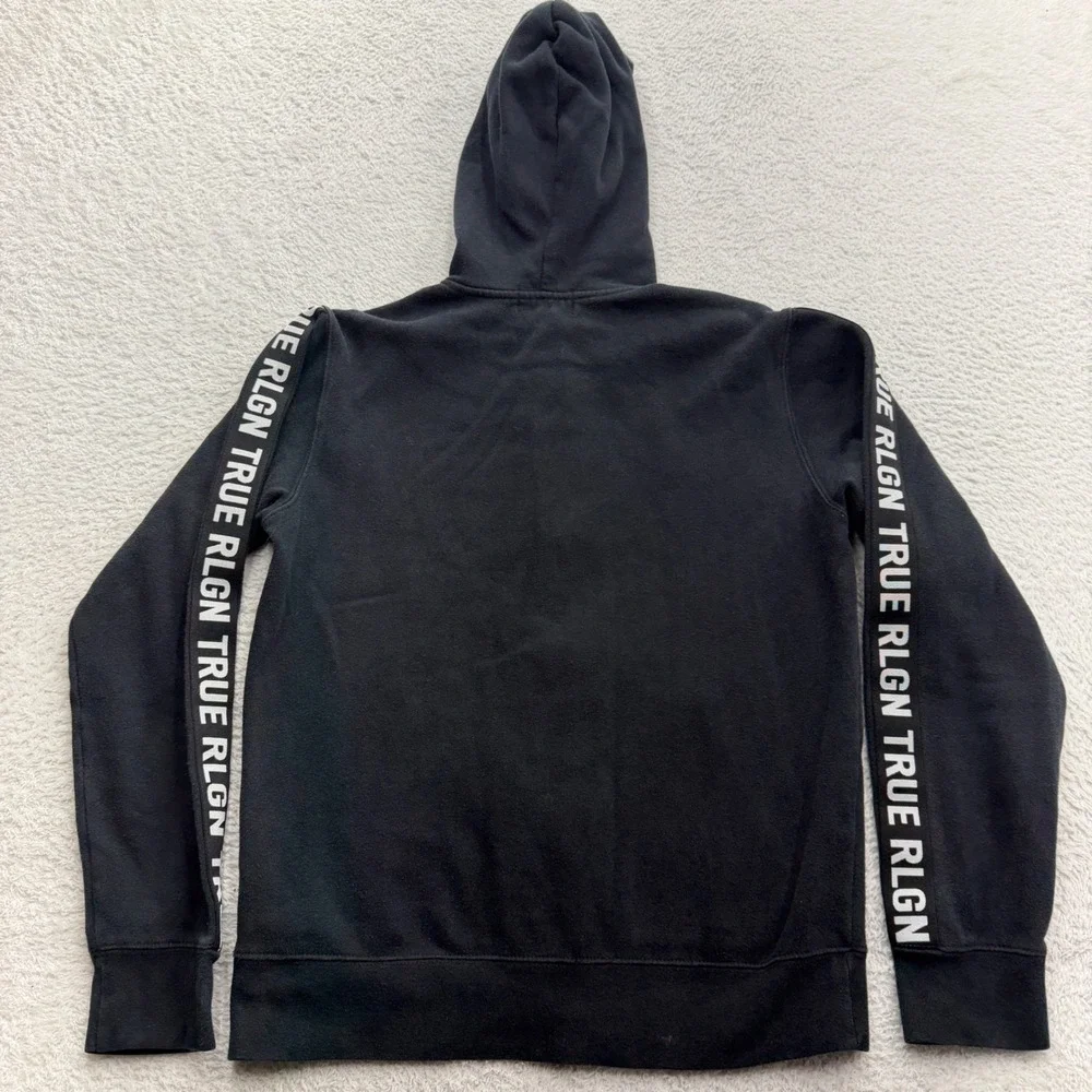 True Religion Mens Black Zip Up Hoodie Horseshoe‎ Logo Tape Sleeve Sweatshirt S
